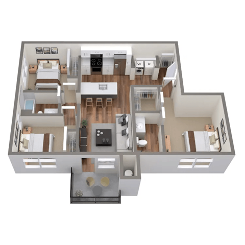 Floor plan for 3 beds, 2 baths, 1104 sqft